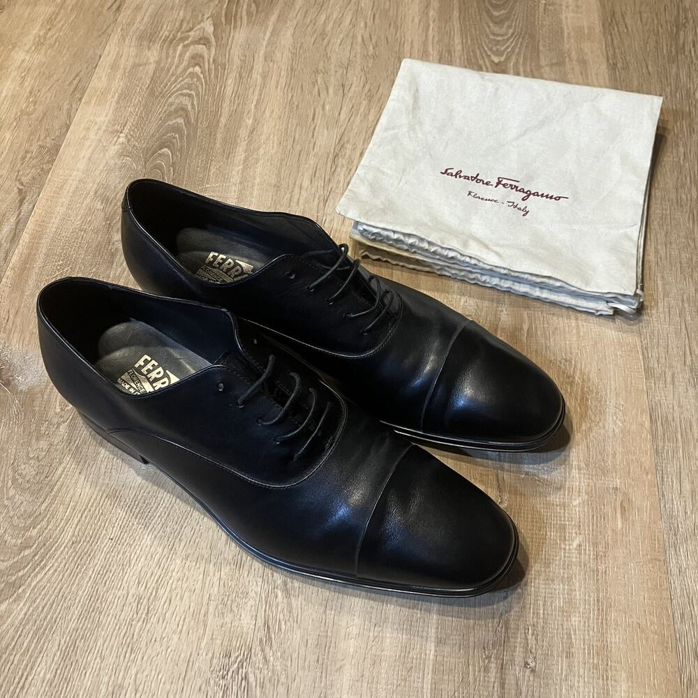 Salvatore Ferragamo Black Leather Gancini Loafers Dress Shoes Men Sz 10 Lace Up